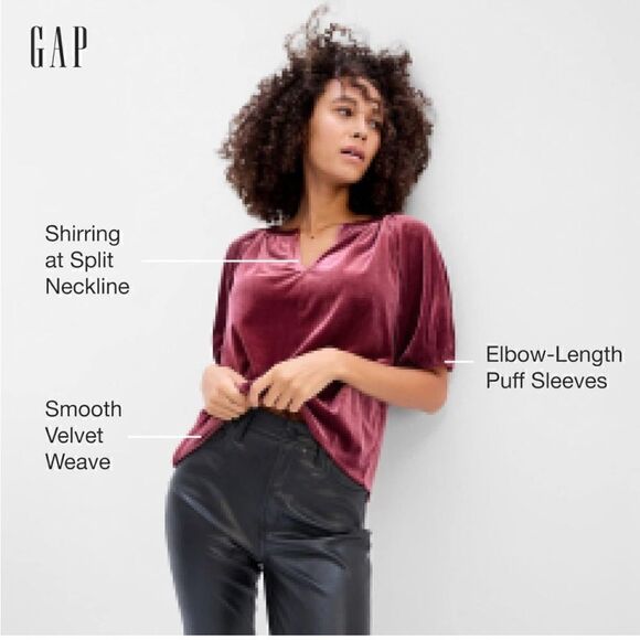 Gap Velvet short puff sleeve v neck blouse in black size small - Picture 12 of 16